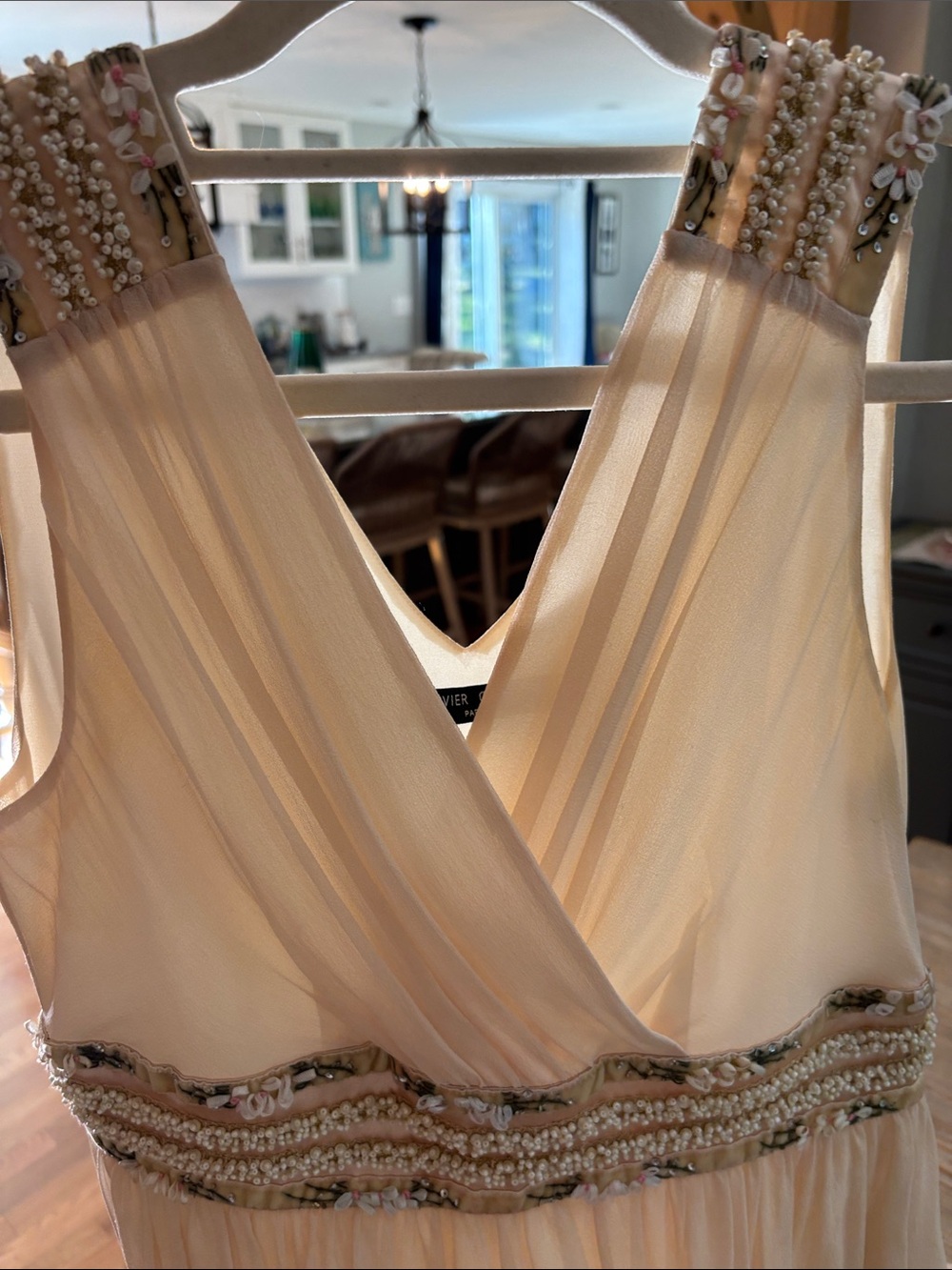 Elegant Cream Beaded V-Neck Tea Length Dress